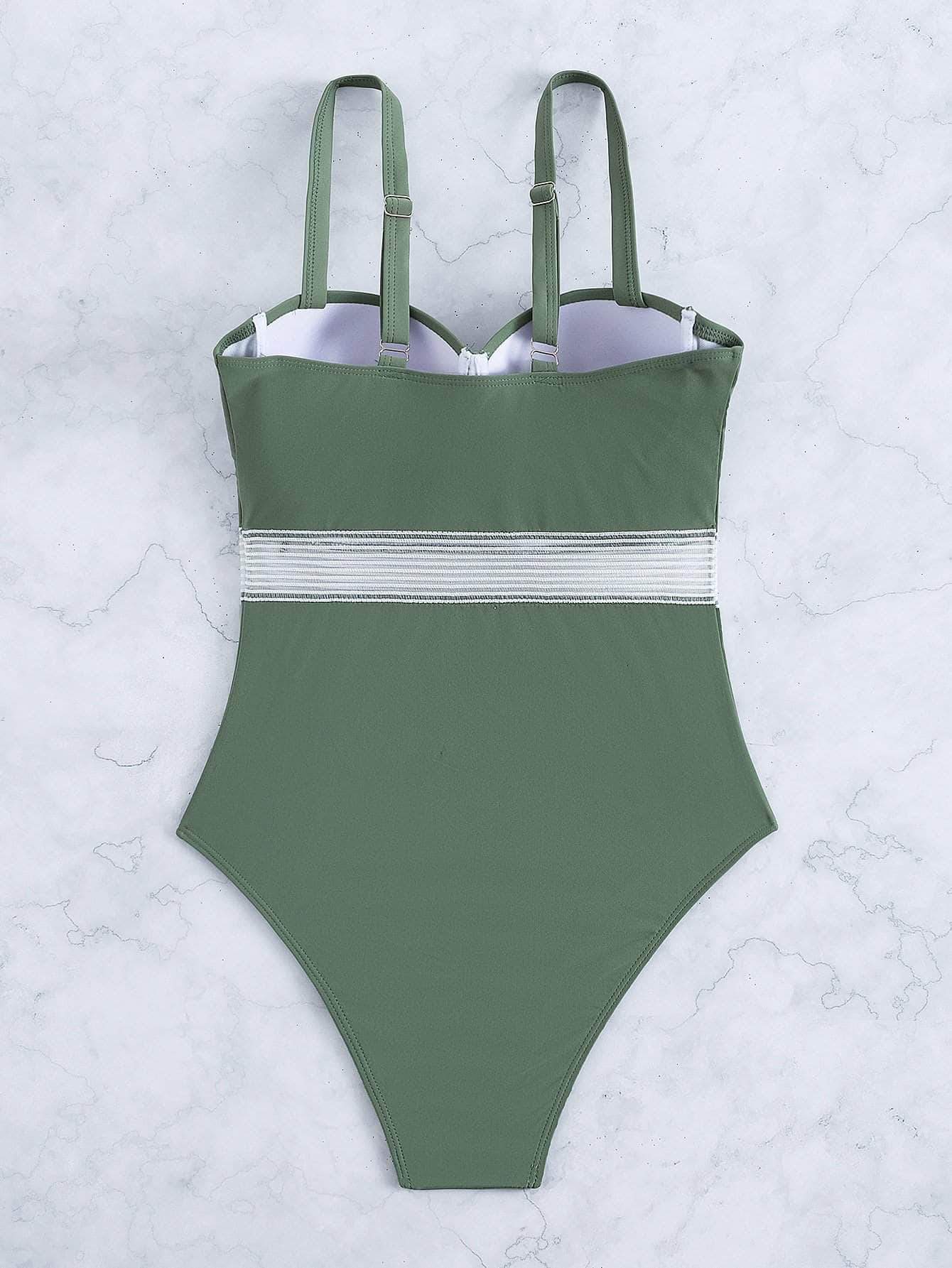 Verde militar / L Vestido de baño una pieza push up simple con encaje en contraste