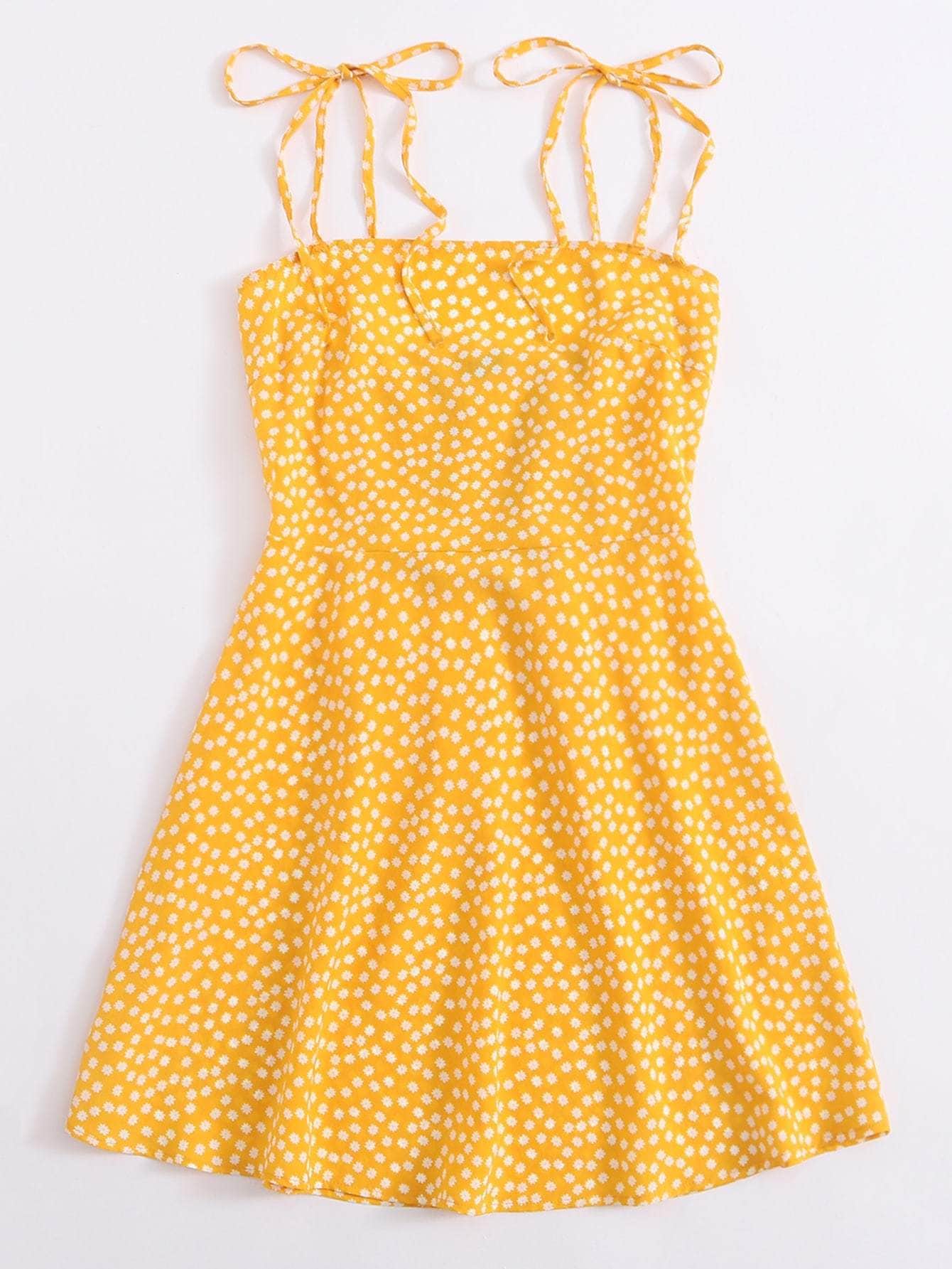 Mostaza Amarilla / XS Vestido de verano de espalda fruncido de hombros con cordón