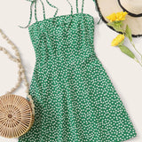 Verde / XS Vestido de verano de espalda fruncido de hombros con cordón