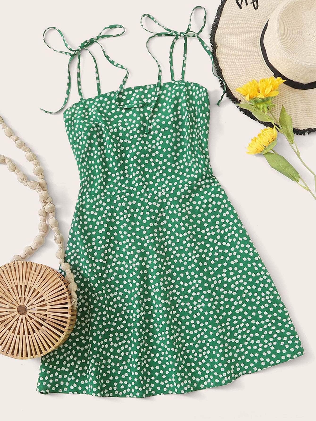 Verde / XS Vestido de verano de espalda fruncido de hombros con cordón