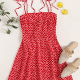 Rojo / XL Vestido de verano de espalda fruncido de hombros con cordón